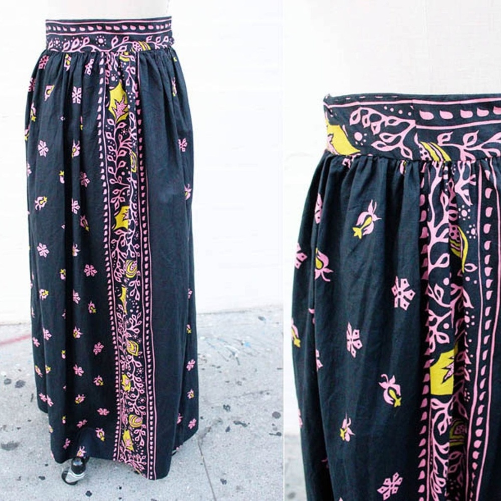 Vtg Navy & Pink Floral Hawaiian Maxi Skirt - M